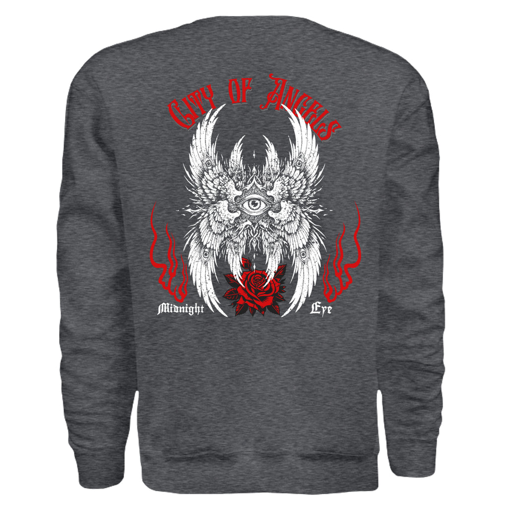 Wings Eye Red Rose Gothic Crewneck - Tattoo Art Graphic Sweatshirt. Midnight Eye, LLC.